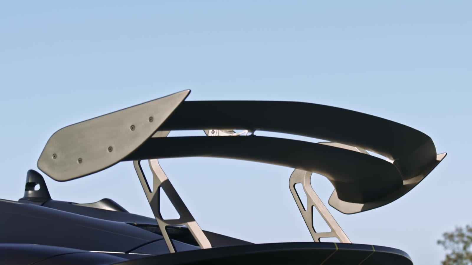 Fixed rear wing with adjustable swan-neck — over a tonne of downforce